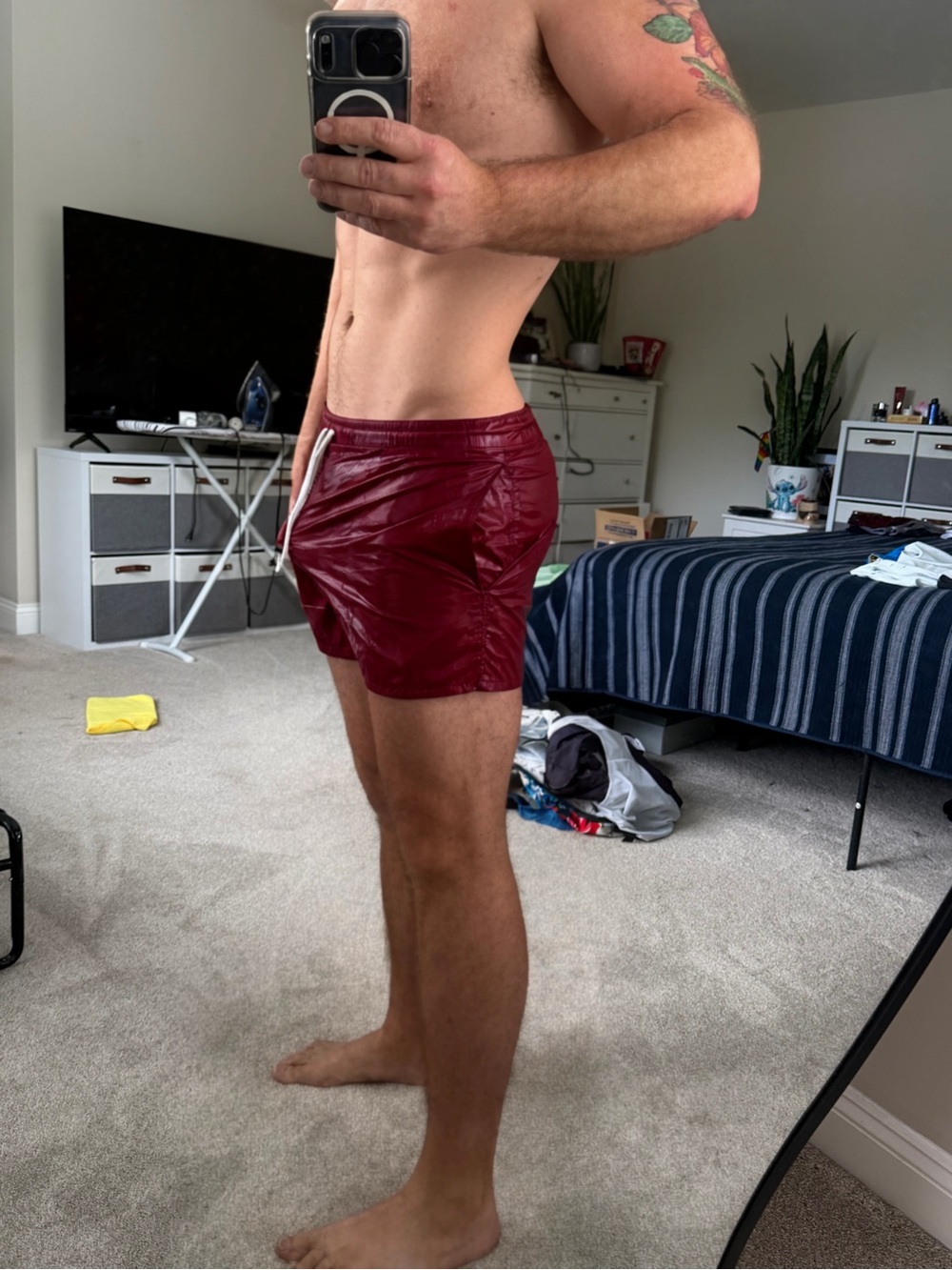 Men's Shiny Burgundy Drawstring Swim Shorts XL - Picture 2 of 2